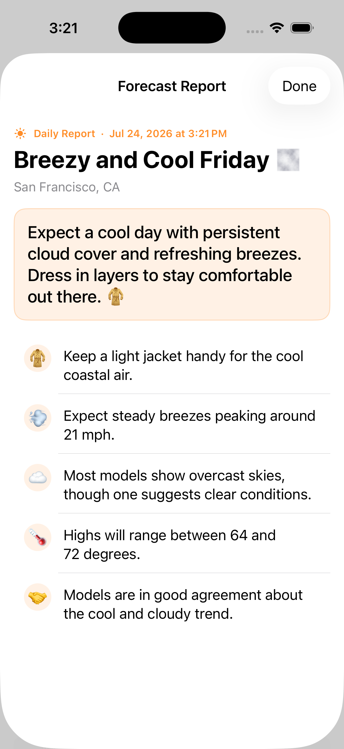OmniCast forecast report notification detail showing a written daily summary