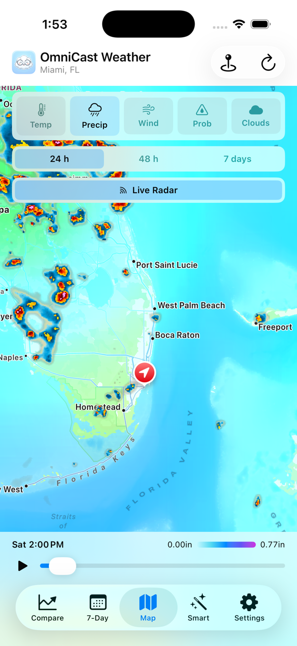 OmniCast Map tab showing your location on an interactive map
