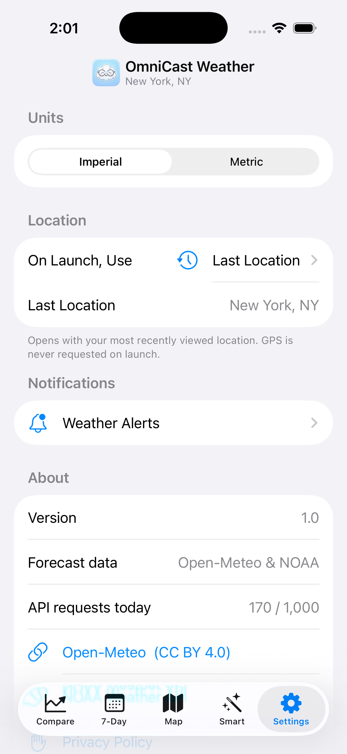 OmniCast Settings screen showing Weather Alerts option